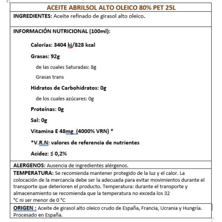 ACEITE ABRILSOL ALTO OLEICO 80% PET 25L